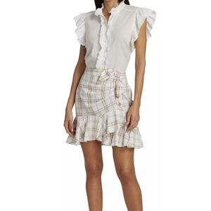 VERONICA BEARD Kaia Tan & White Check Plaid MINI Skirt w/Tie Women's Size XSmall